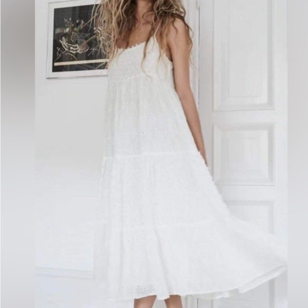 Zara White Midi Dress Eyelet Embroidered Lace